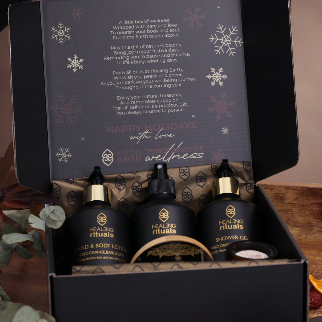 Box of Healing Rituals products with a festive message on the lid.